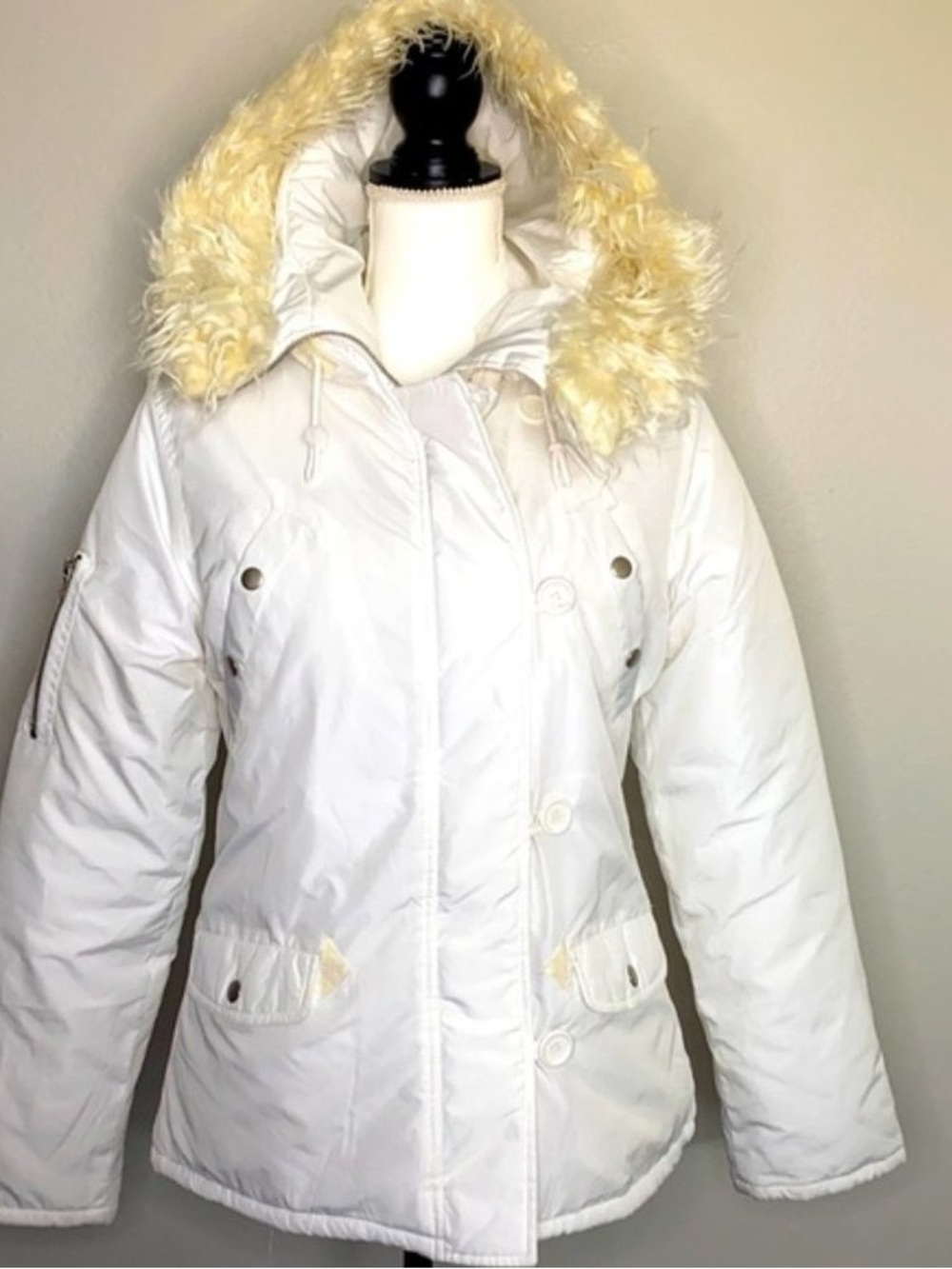 Roxy White Hooded Faux Fur Trim Puffer Jacket